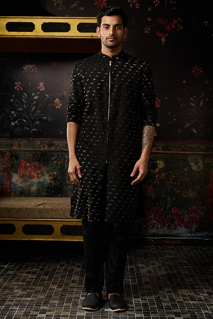 Black Dola Silk Cutdana Embroidered Kurta Set by DiyaRajvvir Men