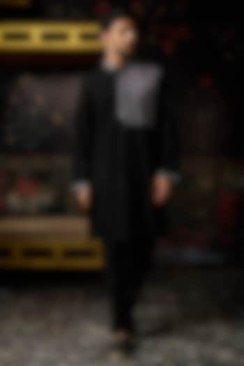Black Dola Silk Cutdana Embroidered Kurta Set by DiyaRajvvir Men