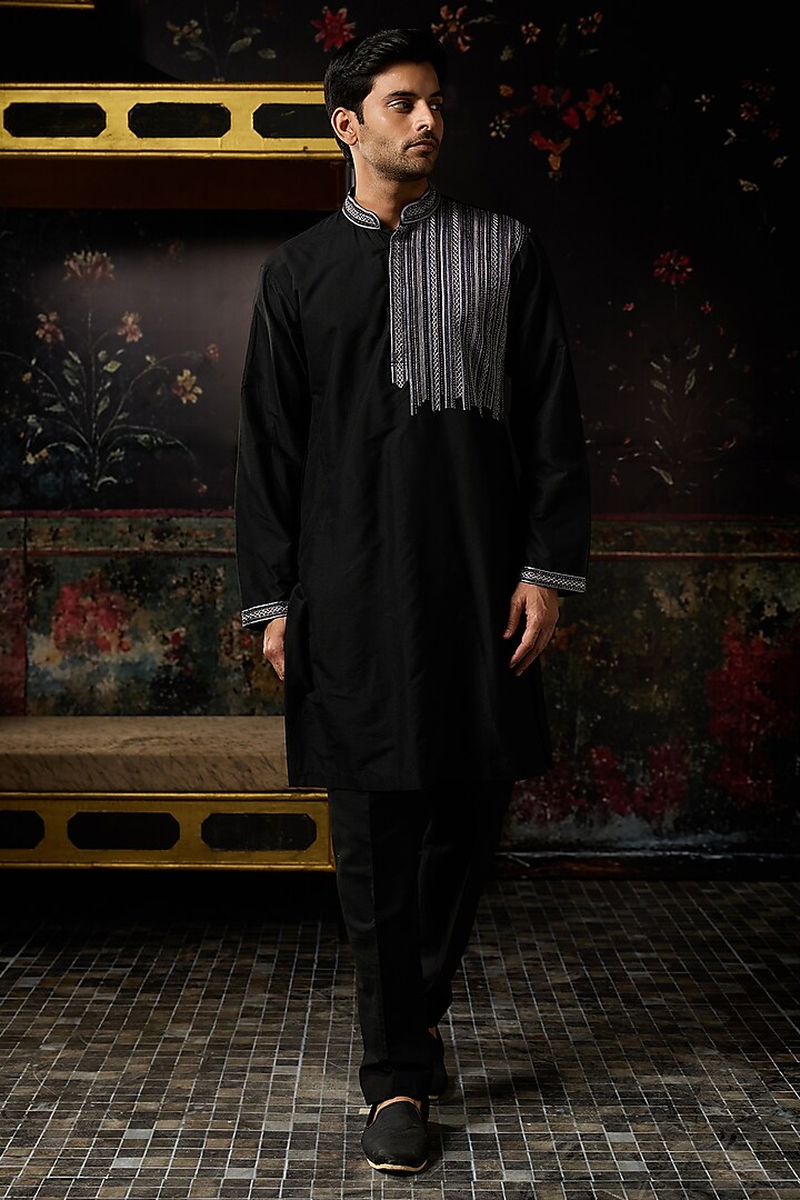 Black Dola Silk Cutdana Embroidered Kurta Set by DiyaRajvvir Men