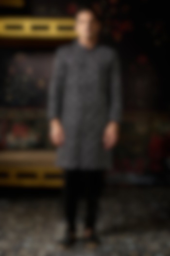 Black Dola Silk Embroidered Jacket Set by DiyaRajvvir Men