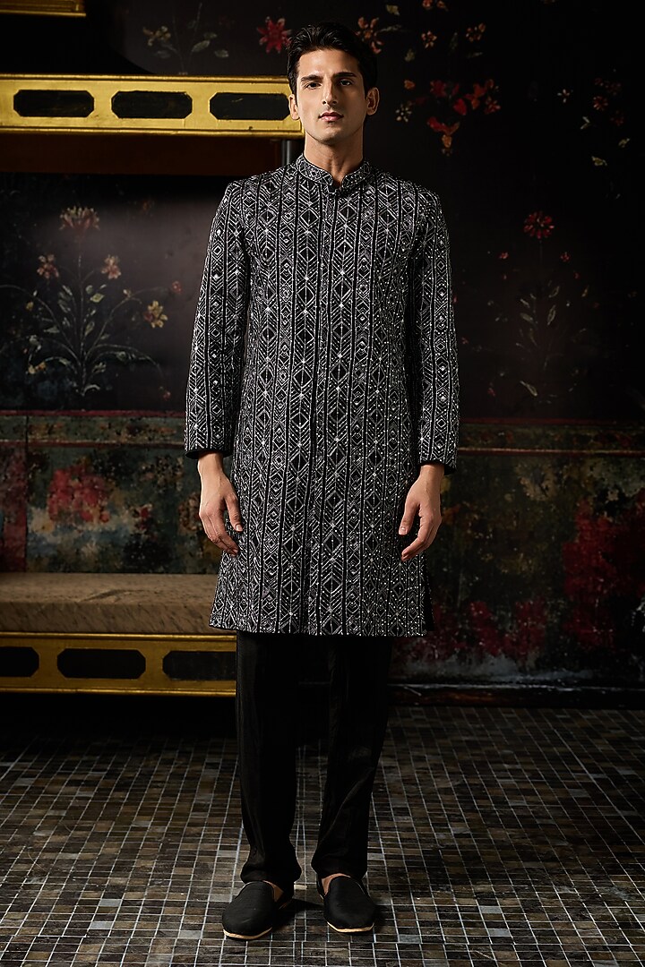 Black Dola Silk Embroidered Jacket Set by DiyaRajvvir Men