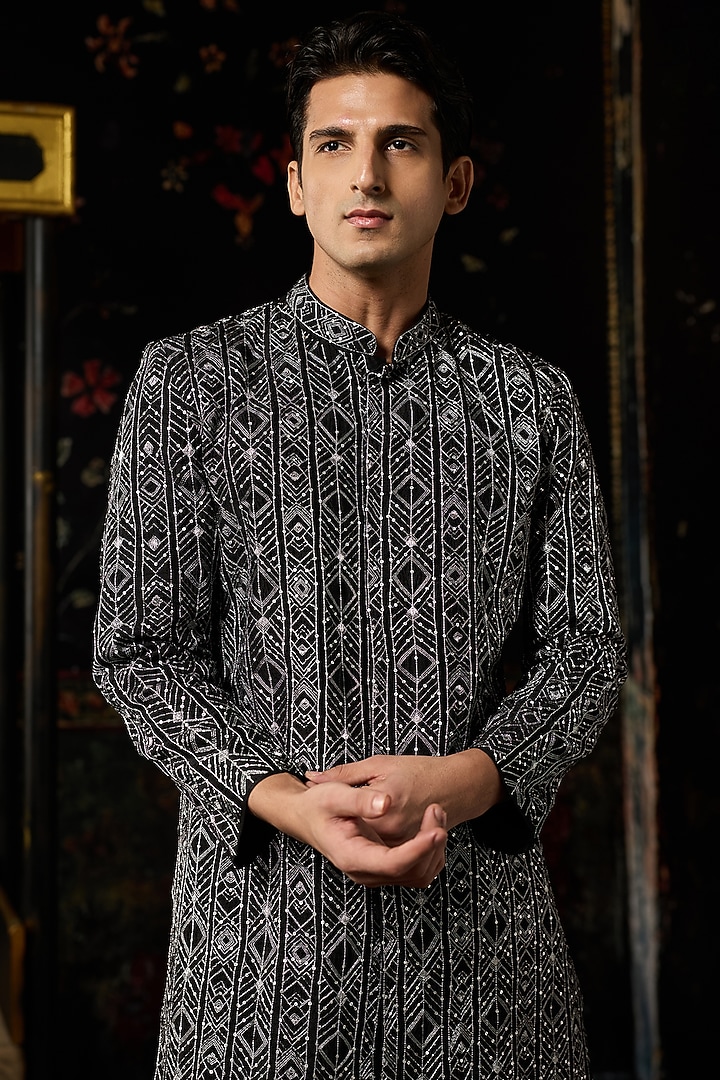 Black Dola Silk Embroidered Jacket Set by DiyaRajvvir Men at Pernia's Pop Up Shop