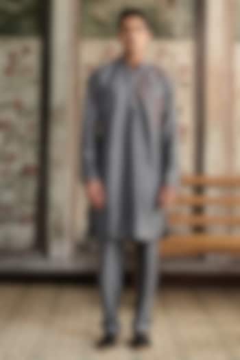 Grey Cotton Silk Cutdana Embroidered Kurta Set by DiyaRajvvir Men