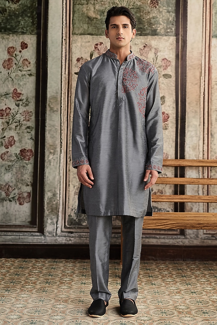 Grey Cotton Silk Cutdana Embroidered Kurta Set by DiyaRajvvir Men