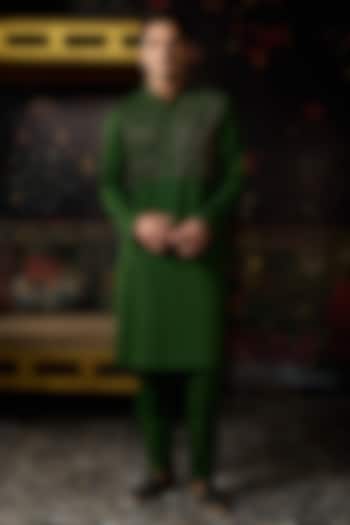 Green Cotton Silk Embroidered Kurta Set by DiyaRajvvir Men