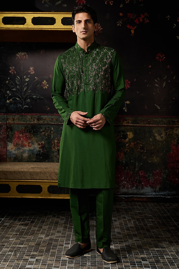 Green Cotton Silk Embroidered Kurta Set by DiyaRajvvir Men