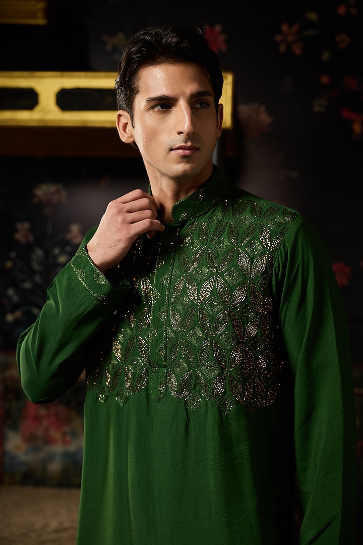 Green Cotton Silk Embroidered Kurta by DiyaRajvvir Men at Pernia's Pop Up Shop