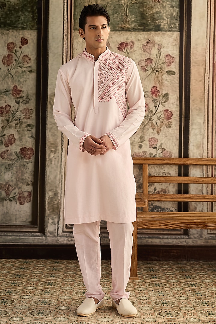 Blush Pink Cotton Silk Thread Embroidered Kurta Set by DiyaRajvvir Men