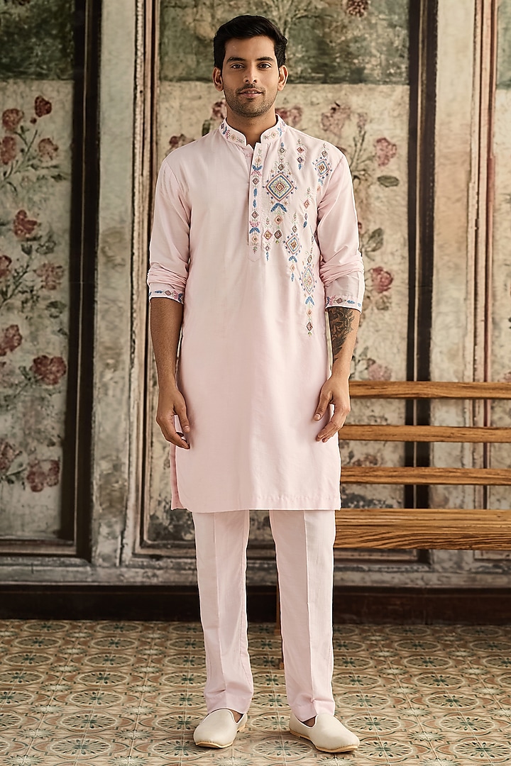 Blush Pink Cotton Silk Thread Embroidered Kurta Set by DiyaRajvvir Men