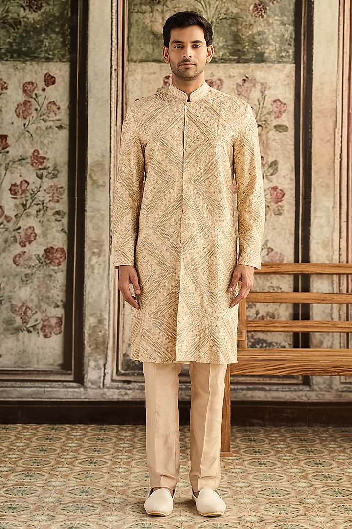 Beige Dola Silk Embroidered Jacket Set by DiyaRajvvir Men