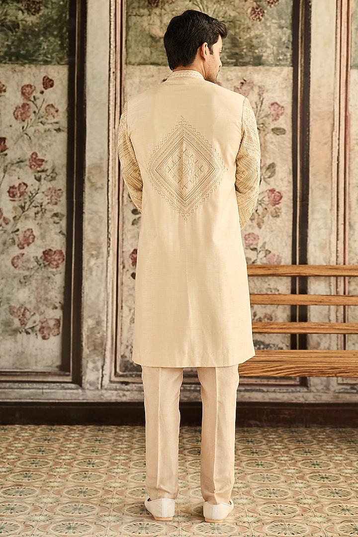 Beige Dola Silk Embroidered Jacket Set by DiyaRajvvir Men at Pernia's Pop Up Shop