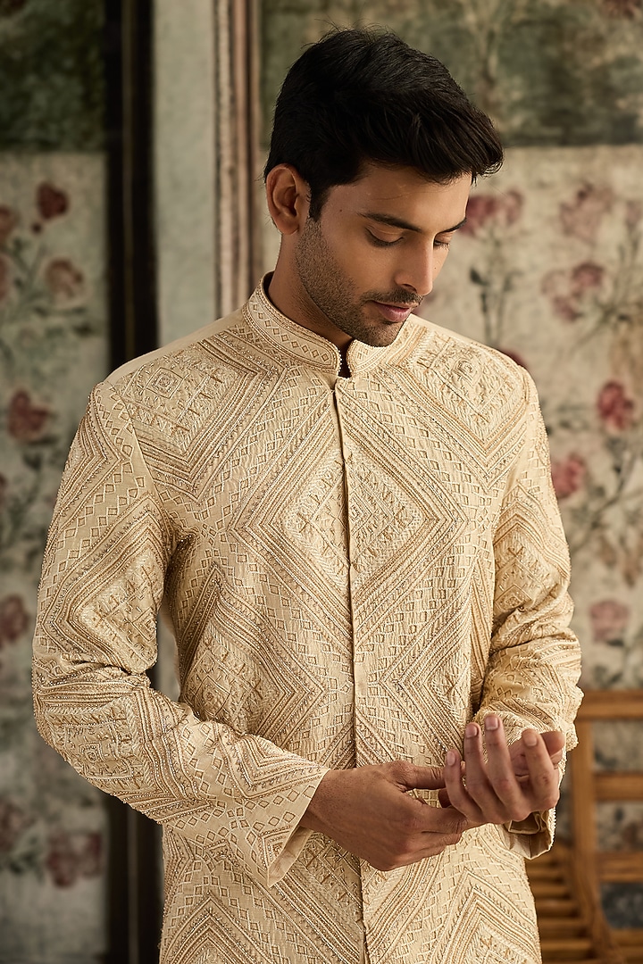 Beige Dola Silk Embroidered Jacket Set by DiyaRajvvir Men at Pernia's Pop Up Shop