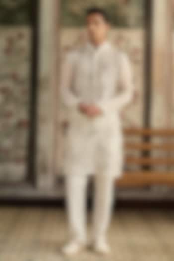Ivory Organza Thread Embroidered Kurta Set by DiyaRajvvir Men
