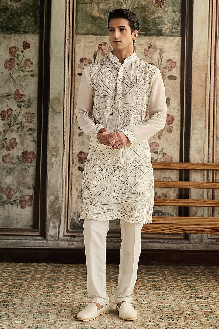 Ivory Organza Thread Embroidered Kurta Set by DiyaRajvvir Men