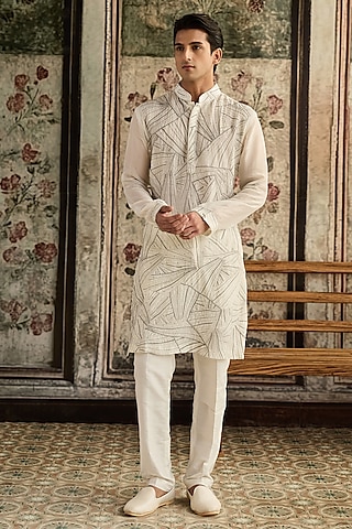 Ivory Organza Cutdana Embroidered Kurta by DiyaRajvvir Men