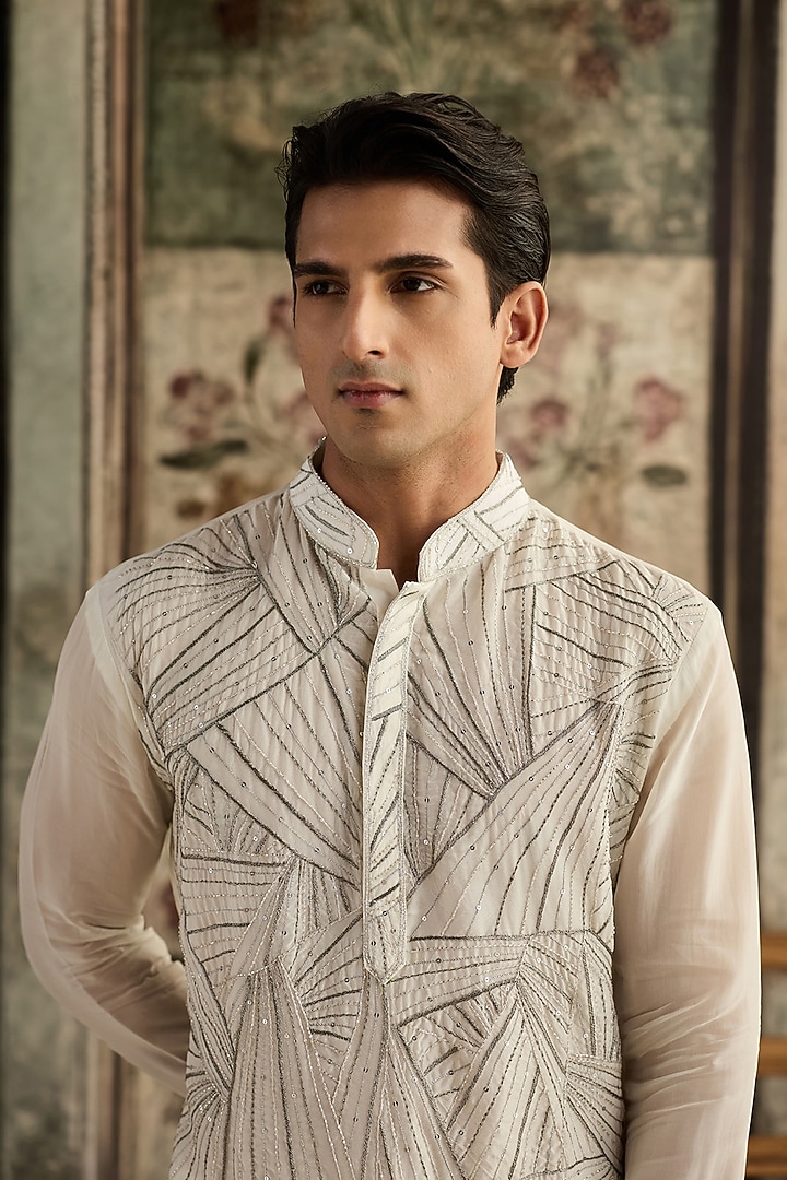 Ivory Organza Cutdana Embroidered Kurta by DiyaRajvvir Men at Pernia's Pop Up Shop