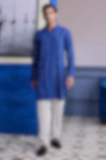 Dark Blue Dola Silk Mirror Embroidered Kurta Set by DiyaRajvvir Men at Pernia's Pop Up Shop