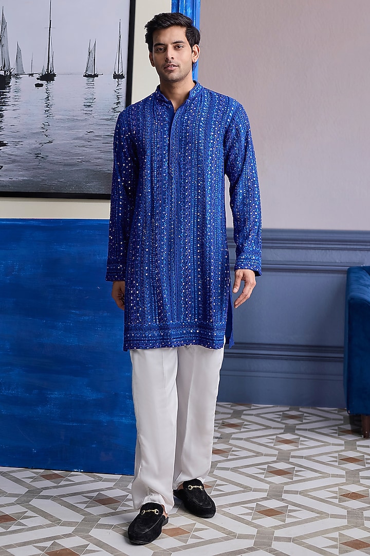 Dark Blue Dola Silk Mirror Embroidered Kurta Set by DiyaRajvvir Men at Pernia's Pop Up Shop