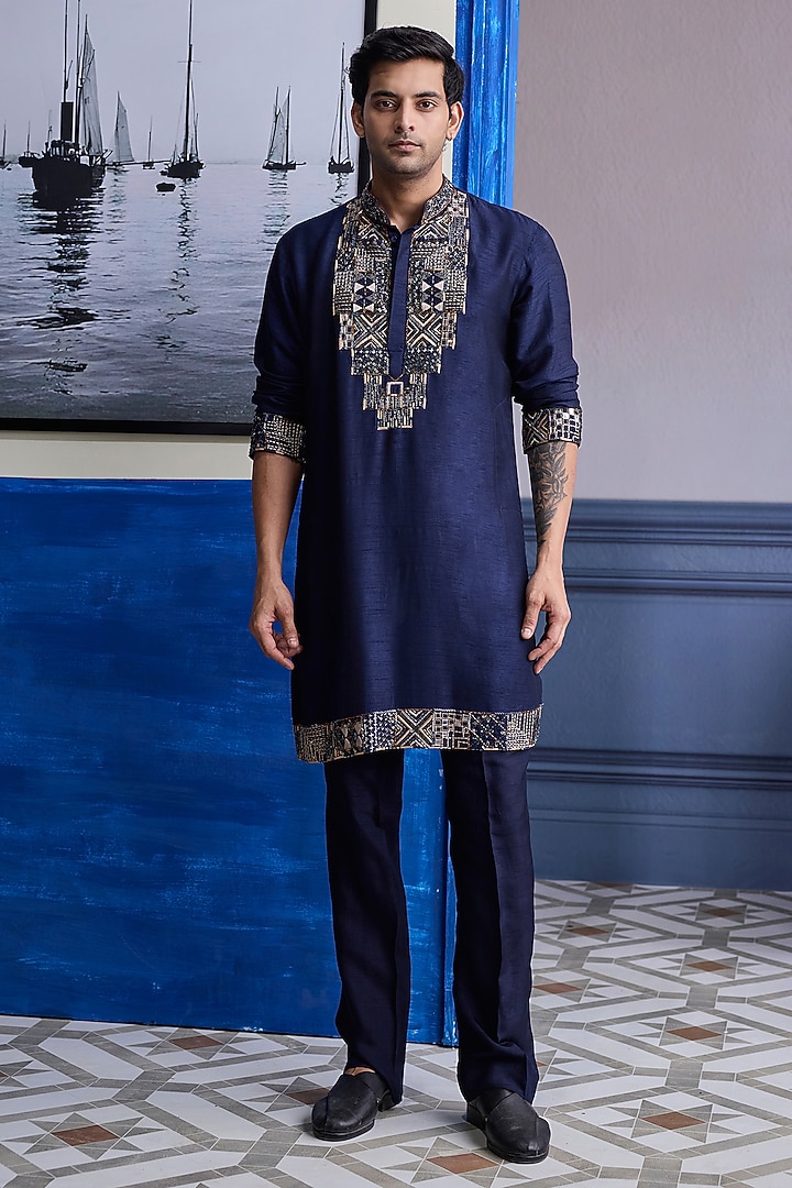 Dark Blue Dola Silk Mirror Embroidered Kurta Set by DiyaRajvvir Men at Pernia's Pop Up Shop