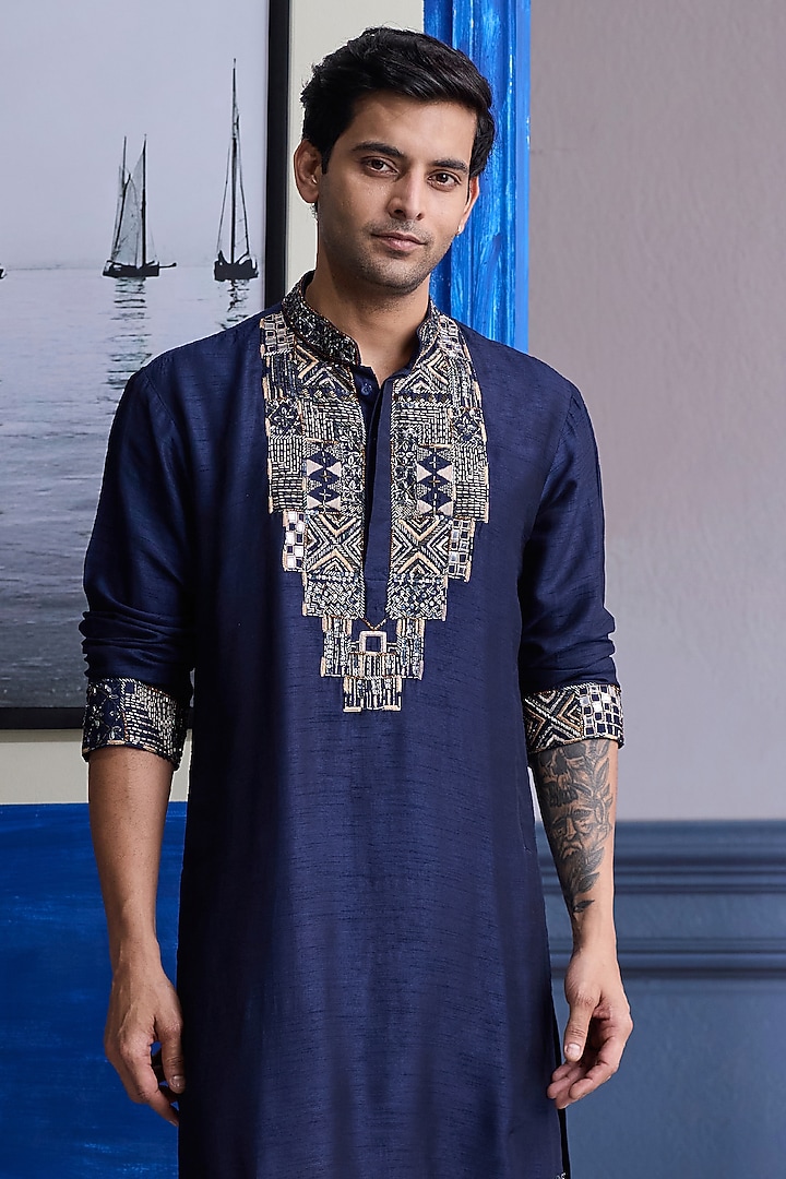 Dark Blue Dola Silk Mirror Embroidered Kurta Set by DiyaRajvvir Men at Pernia's Pop Up Shop