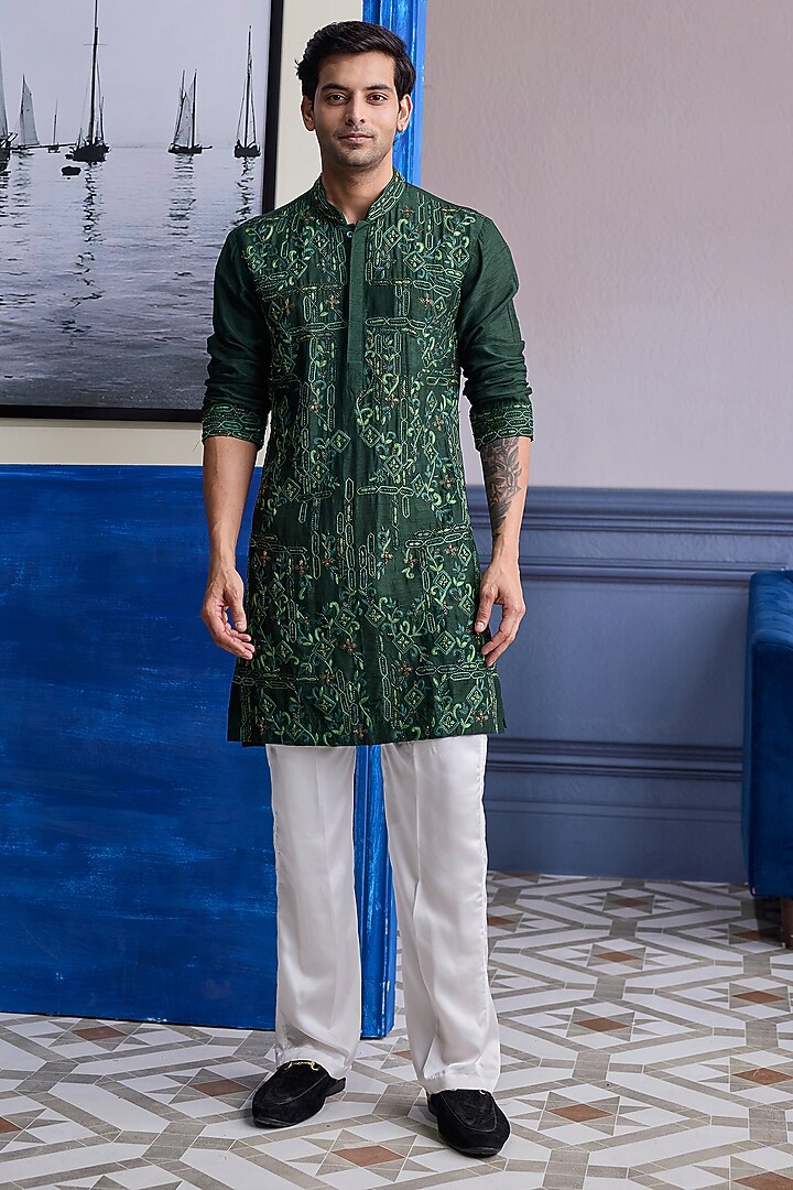 Bottle Green Dola Silk & Satin Thread Embroidered Kurta Set by DiyaRajvvir Men at Pernia's Pop Up Shop