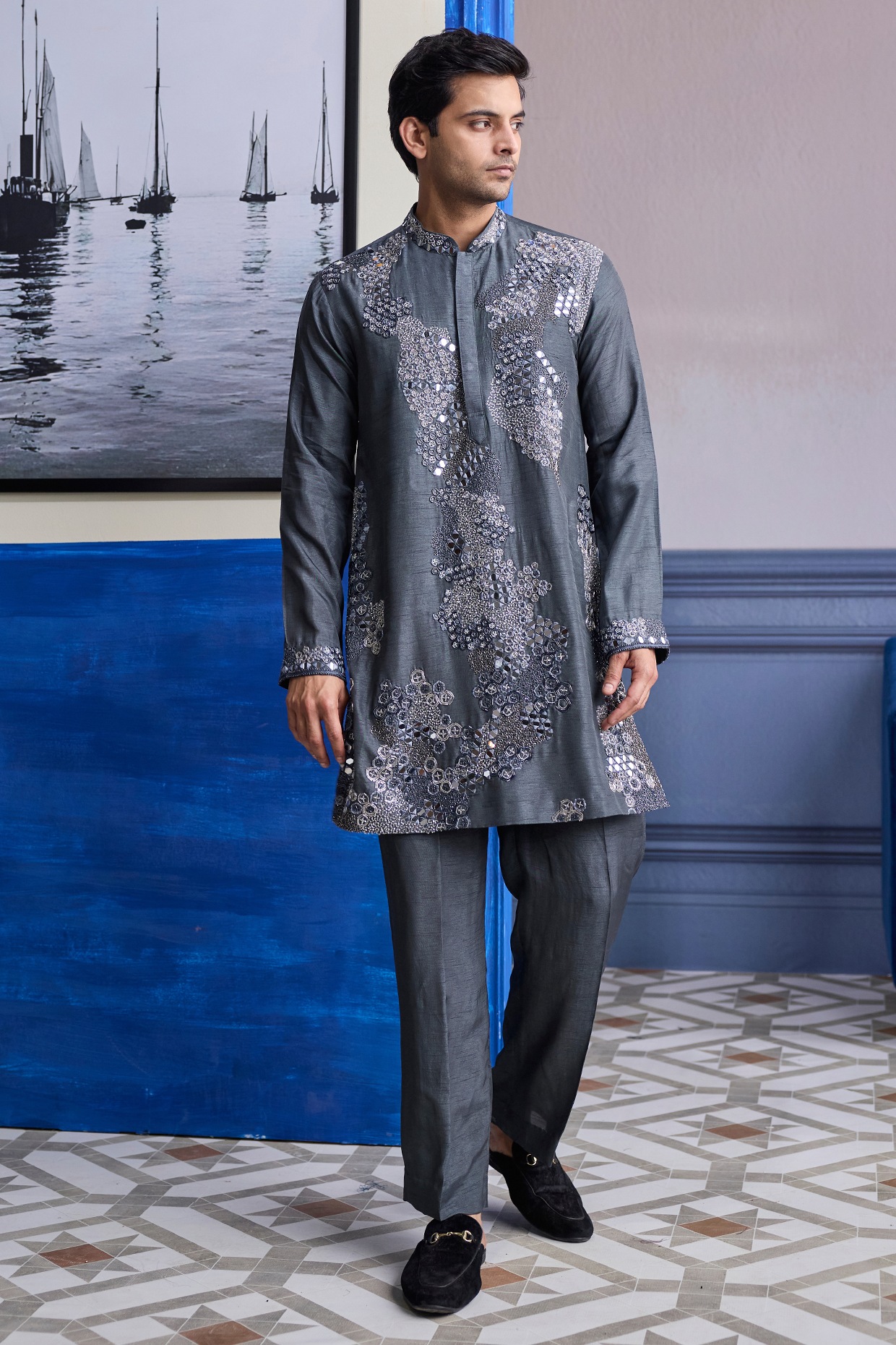 DiyaRajvvir Steel Grey Dola Silk Embroidered Kurta Set