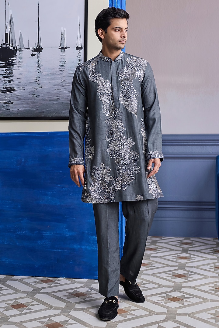Steel Grey Dola Silk Embroidered Kurta Set by DiyaRajvvir Men at Pernia's Pop Up Shop