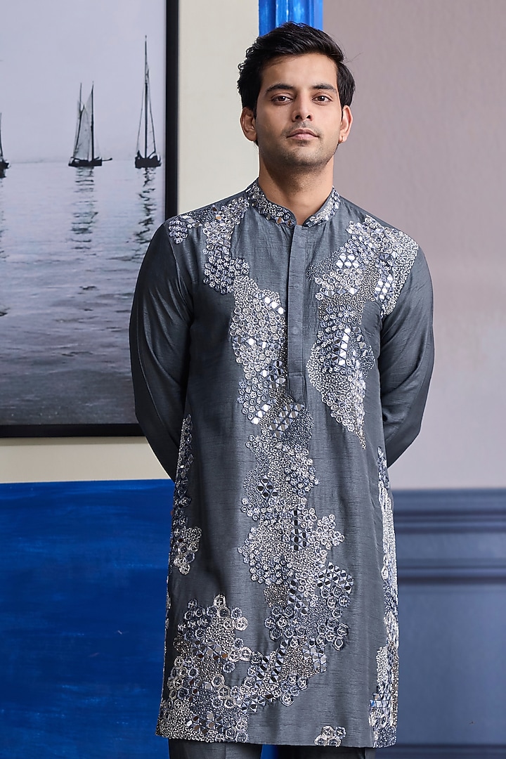 Steel Grey Dola Silk Embroidered Kurta Set by DiyaRajvvir Men at Pernia's Pop Up Shop