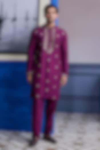 Plum Dola Silk Embroidered Kurta Set by DiyaRajvvir Men at Pernia's Pop Up Shop