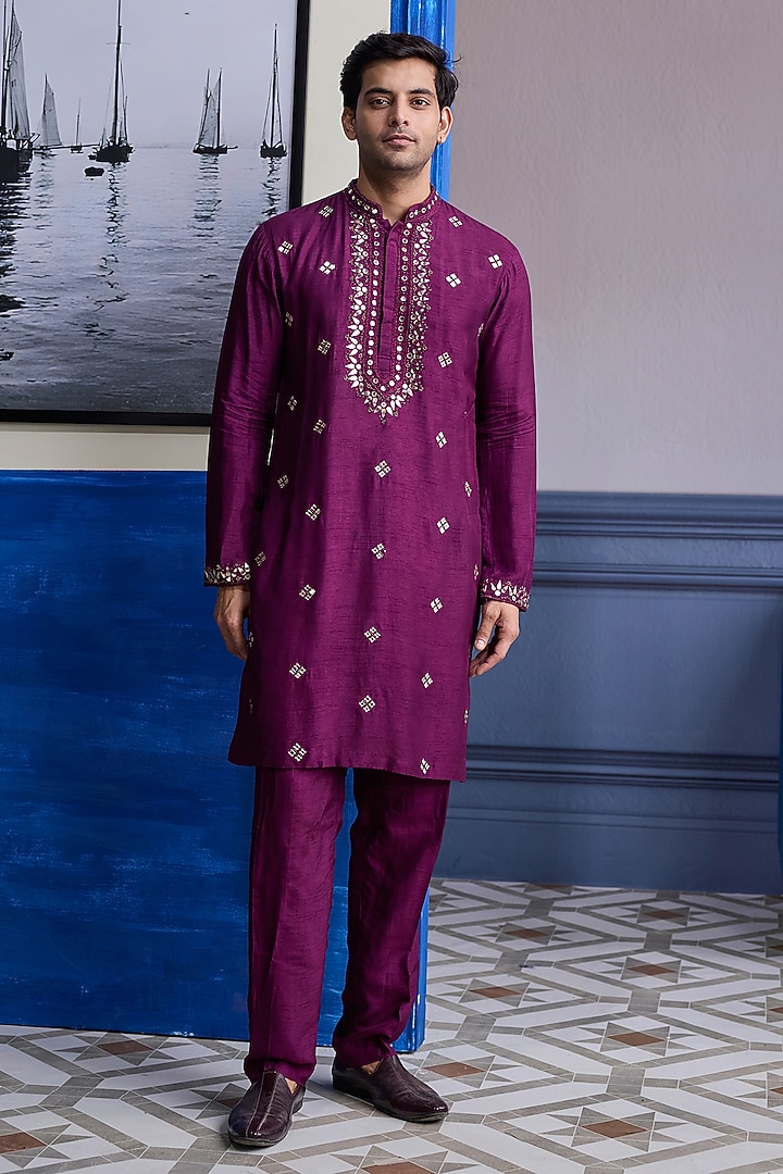 Plum Dola Silk Embroidered Kurta Set by DiyaRajvvir Men at Pernia's Pop Up Shop