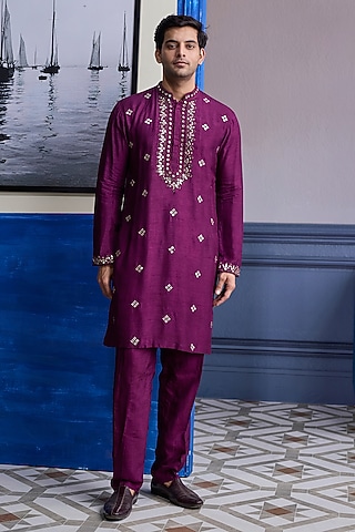 Plum Dola Silk Embroidered Kurta Set by DiyaRajvvir Men