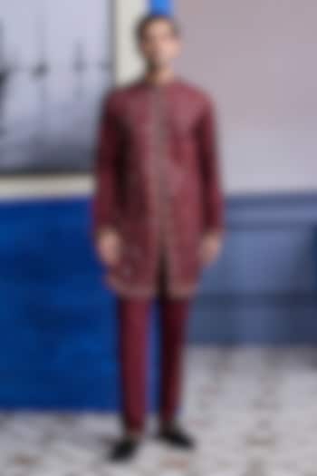 Maroon Dola Silk Mirror Embroidered Kurta Set by DiyaRajvvir Men at Pernia's Pop Up Shop