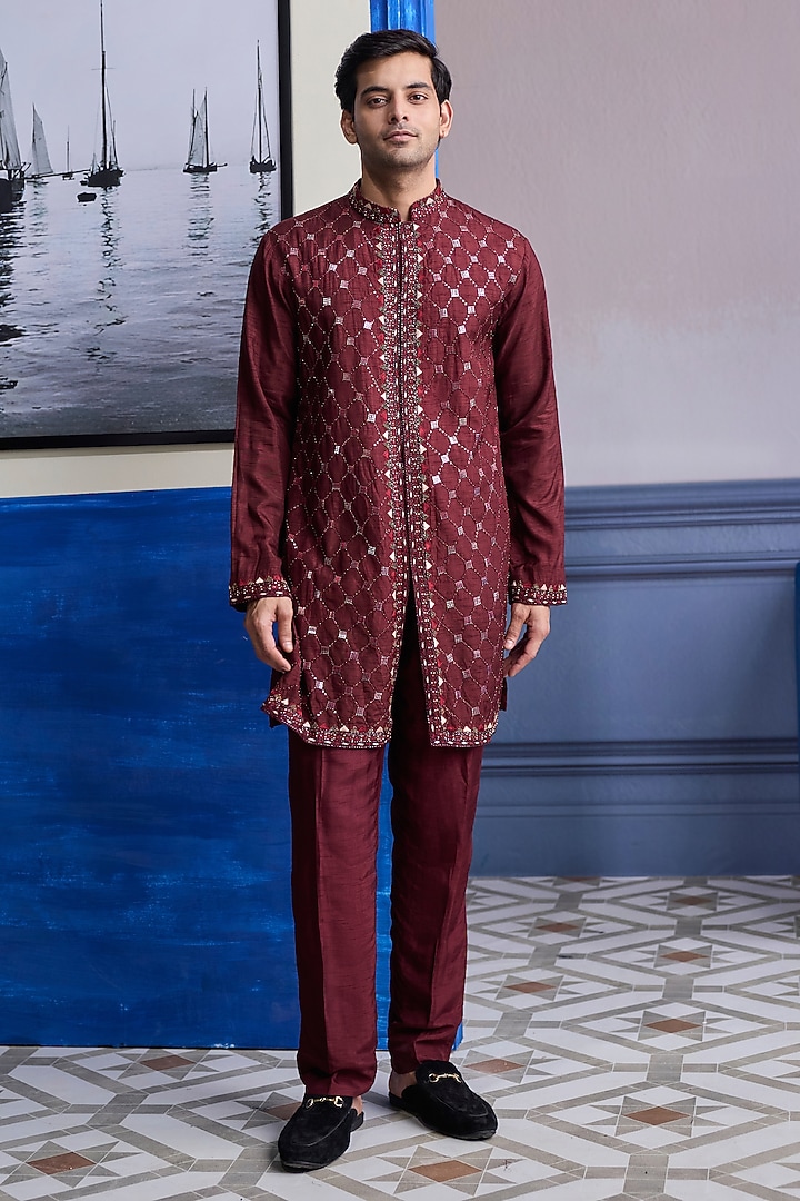Maroon Dola Silk Mirror Embroidered Kurta Set by DiyaRajvvir Men at Pernia's Pop Up Shop