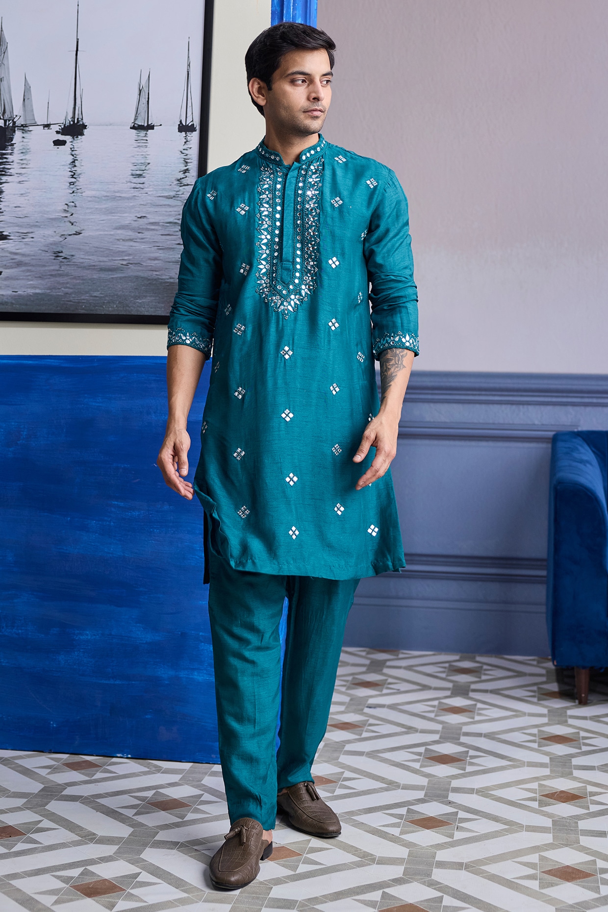 DiyaRajvvir Teal Green Dola Silk Embroidered Kurta Set