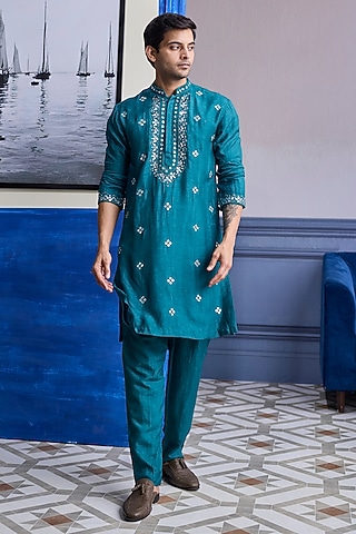 Teal Green Dola Silk Embroidered Kurta Set by DiyaRajvvir Men