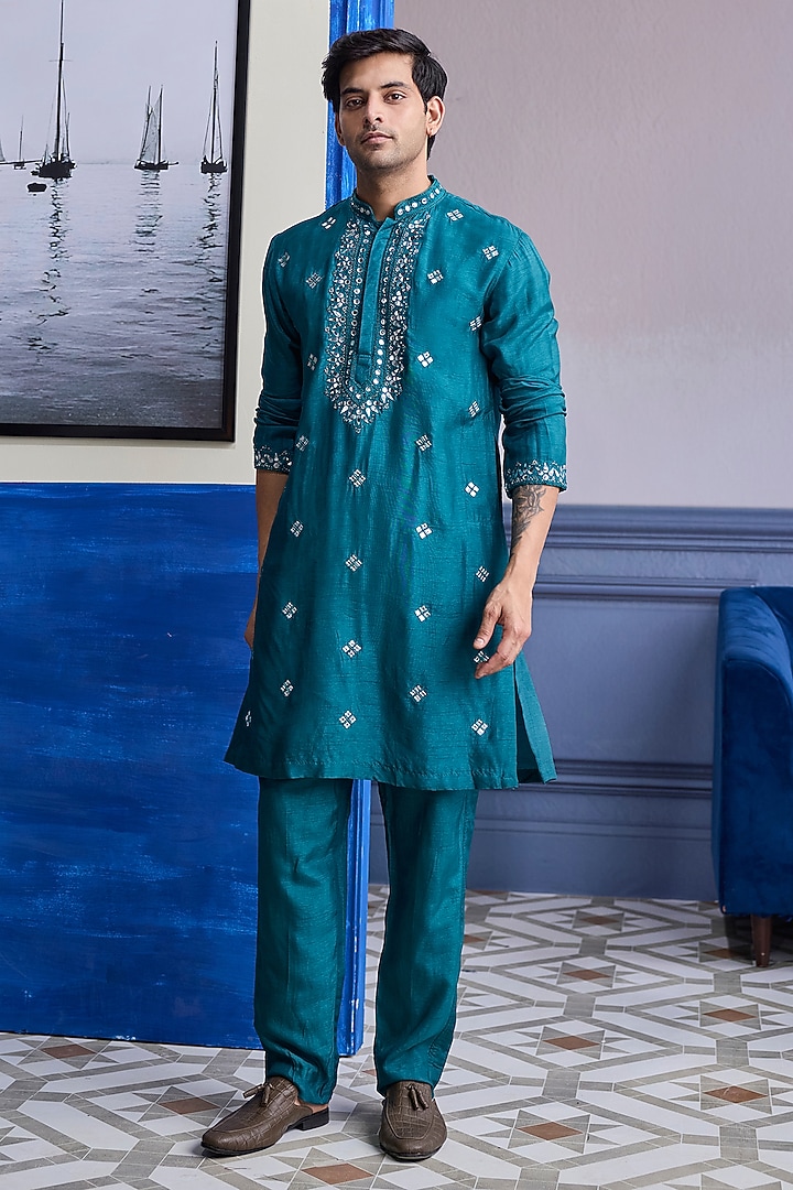 Teal Green Dola Silk Embroidered Kurta Set by DiyaRajvvir Men at Pernia's Pop Up Shop