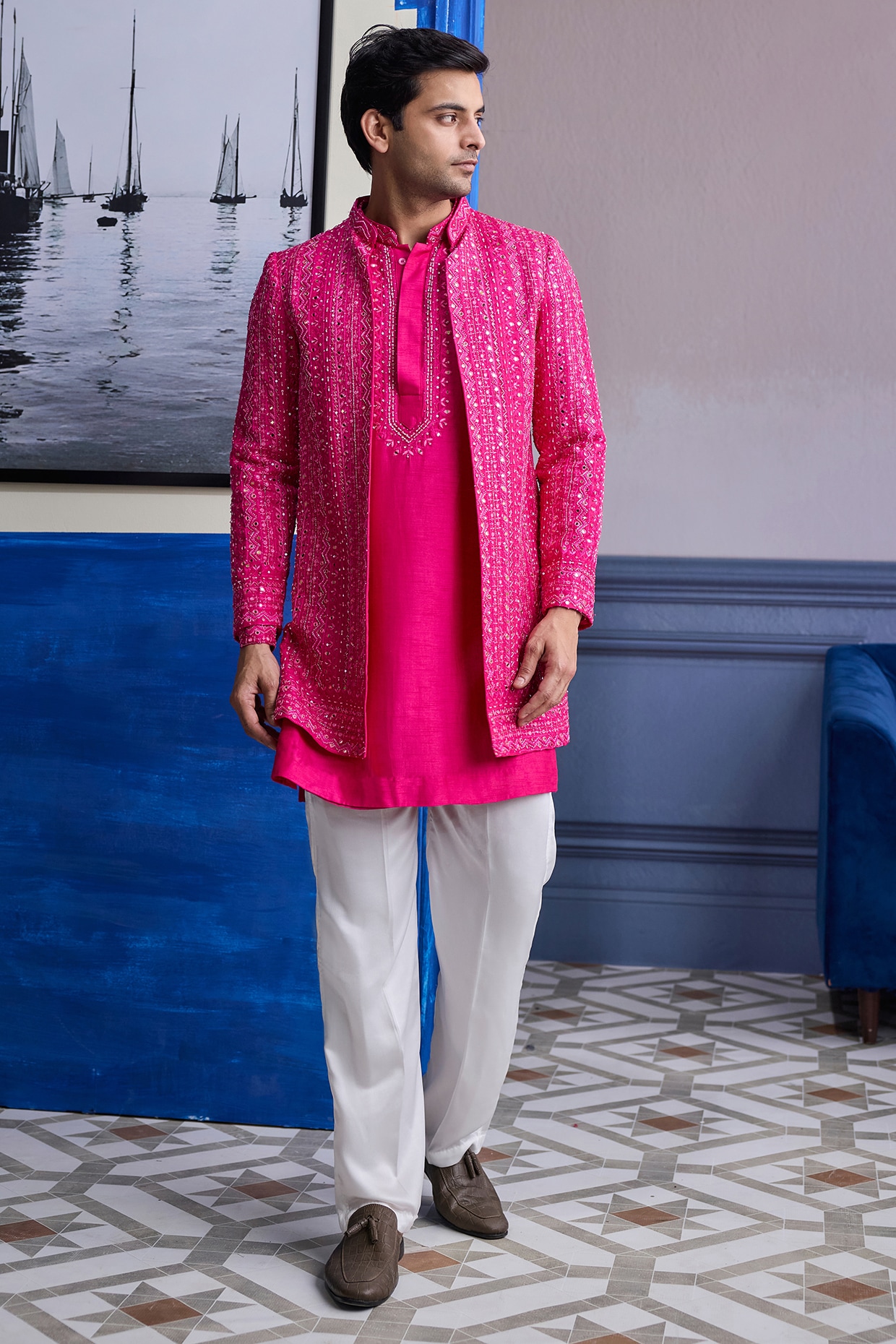 DiyaRajvvir Fuchsia Pink Dola Silk & Satin Thread Embroidered Bandhgala Set