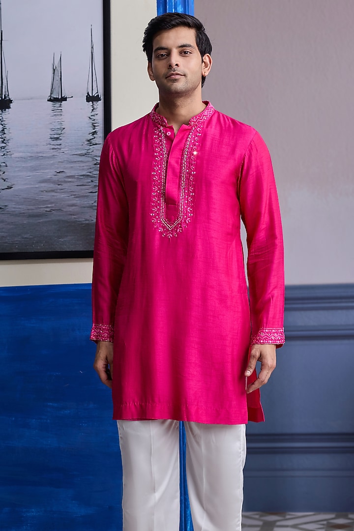 Fuchsia Pink Dola Silk & Satin Thread Embroidered Wedding Bandhgala Set by DiyaRajvvir Men at Pernia's Pop Up Shop