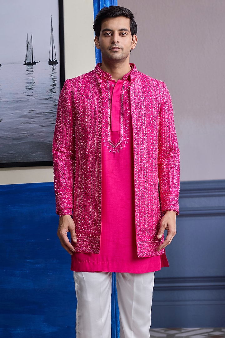 Fuchsia Pink Dola Silk & Satin Thread Embroidered Wedding Bandhgala Set by DiyaRajvvir Men at Pernia's Pop Up Shop