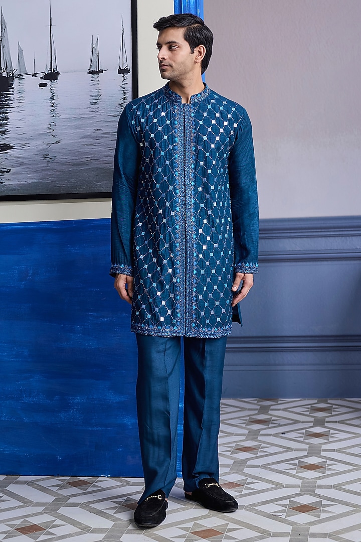 Teal Blue Dola Silk Mirror Embroidered Kurta Set by DiyaRajvvir Men at Pernia's Pop Up Shop