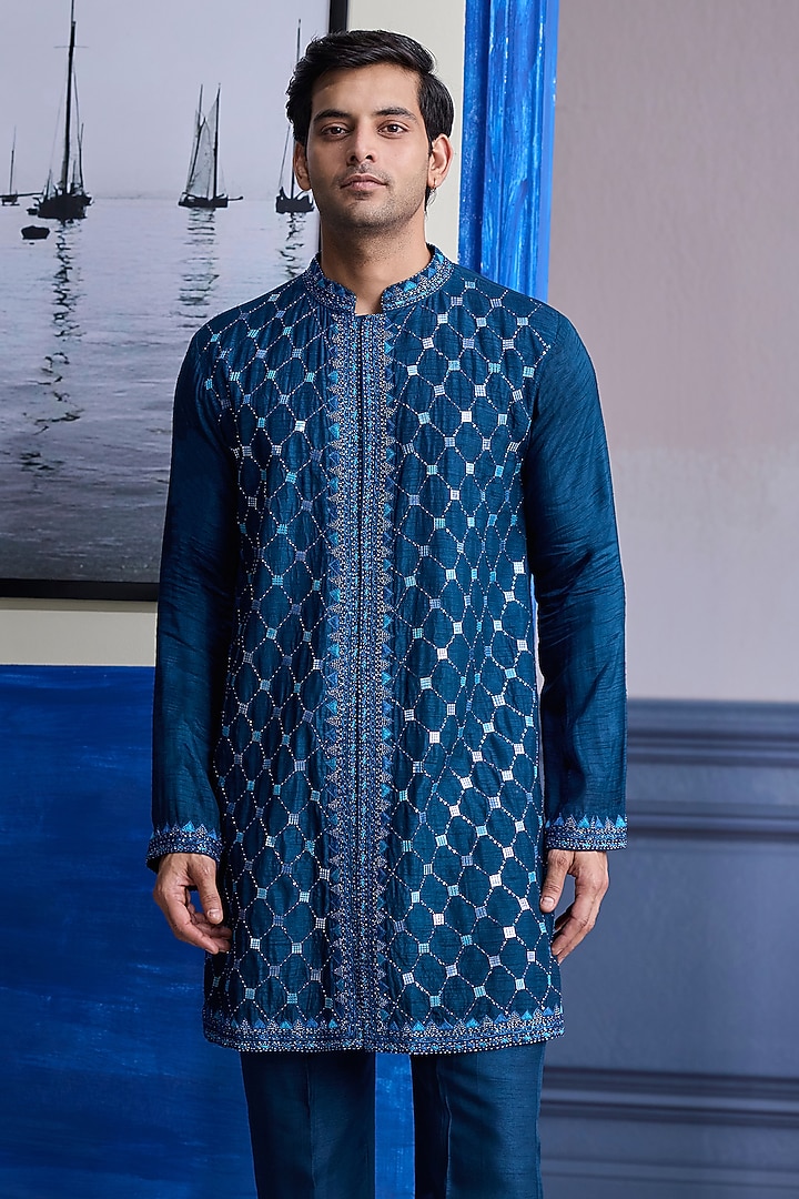 Teal Blue Dola Silk Mirror Embroidered Kurta Set by DiyaRajvvir Men at Pernia's Pop Up Shop