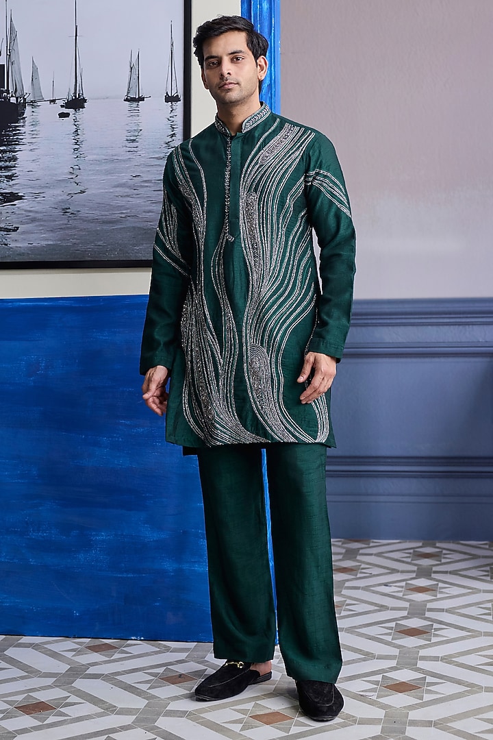 Dark Green Dola Silk Zari Embroidered Kurta Set by DiyaRajvvir Men at Pernia's Pop Up Shop