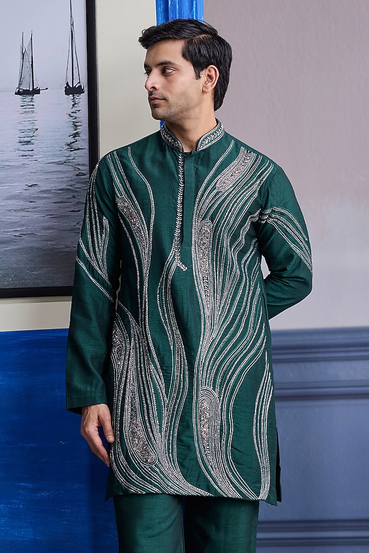 Dark Green Dola Silk Zari Embroidered Kurta Set by DiyaRajvvir Men at Pernia's Pop Up Shop
