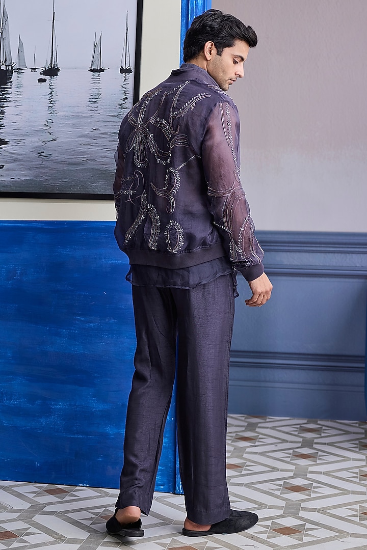 Charcoal Grey Organza Embroidered Bomber Jacket Set by DiyaRajvvir Men at Pernia's Pop Up Shop