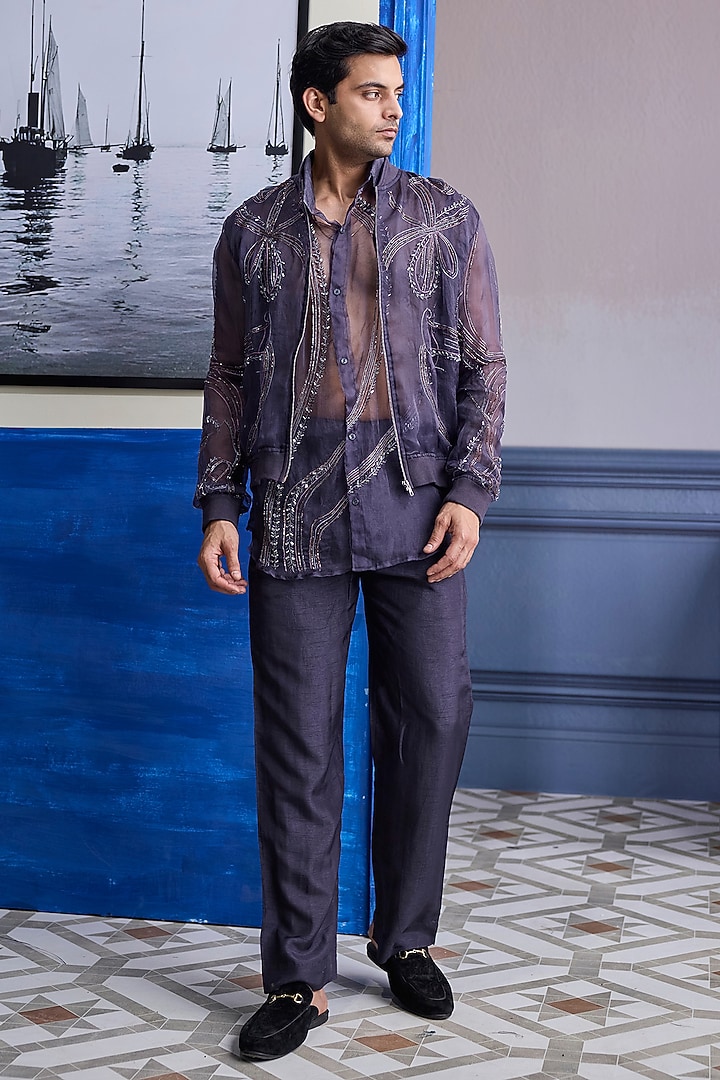 Charcoal Grey Organza Embroidered Bomber Jacket Set by DiyaRajvvir Men at Pernia's Pop Up Shop