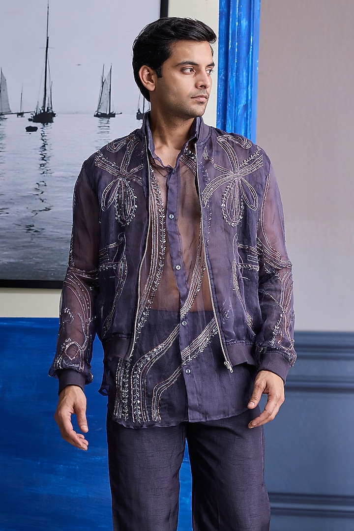 Charcoal Grey Organza Embroidered Bomber Jacket Set by DiyaRajvvir Men at Pernia's Pop Up Shop