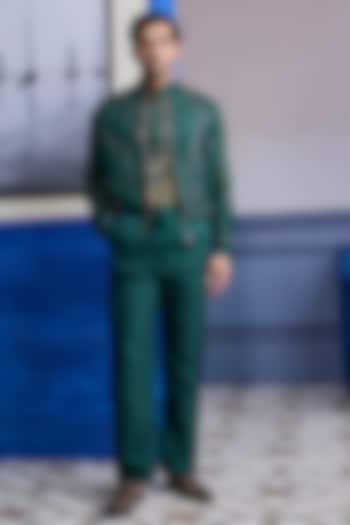 Dark Green Organza Embroidered Bomber Jacket Set by DiyaRajvvir Men at Pernia's Pop Up Shop
