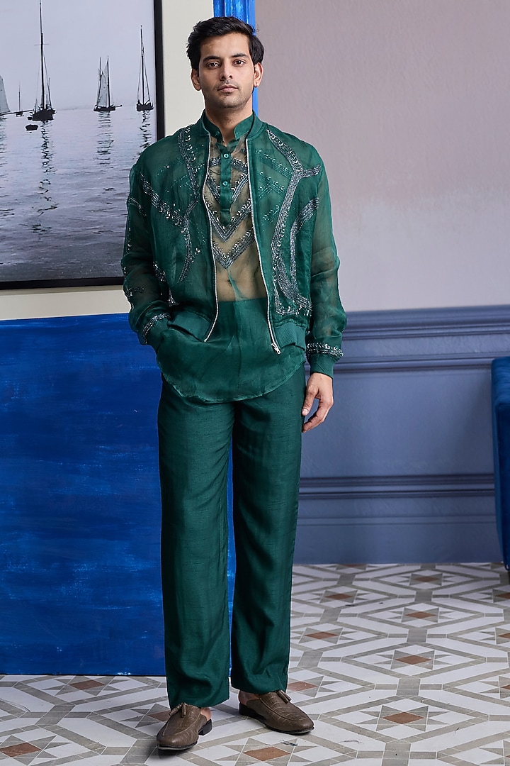 Dark Green Organza Embroidered Bomber Jacket Set by DiyaRajvvir Men at Pernia's Pop Up Shop
