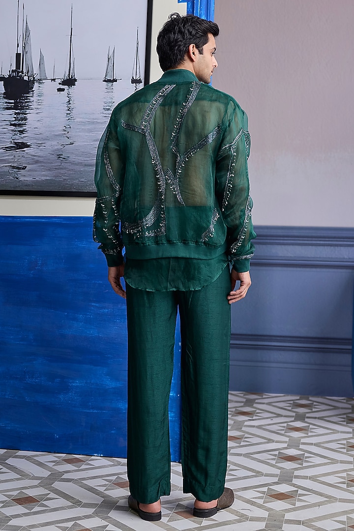 Dark Green Organza Embroidered Bomber Jacket Set by DiyaRajvvir Men at Pernia's Pop Up Shop