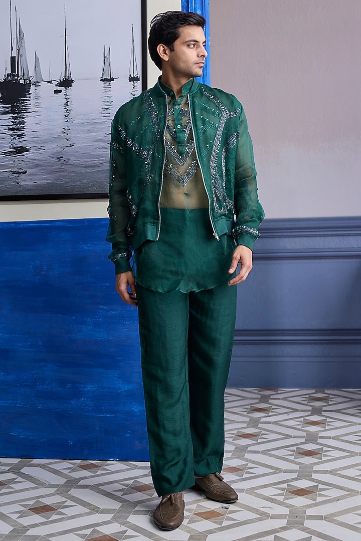 Dark Green Organza Embroidered Bomber Jacket Set by DiyaRajvvir Men at Pernia's Pop Up Shop